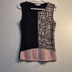 cleo Navey Blue and Blush Colorblock Tweed-Panel Sleeveless Top